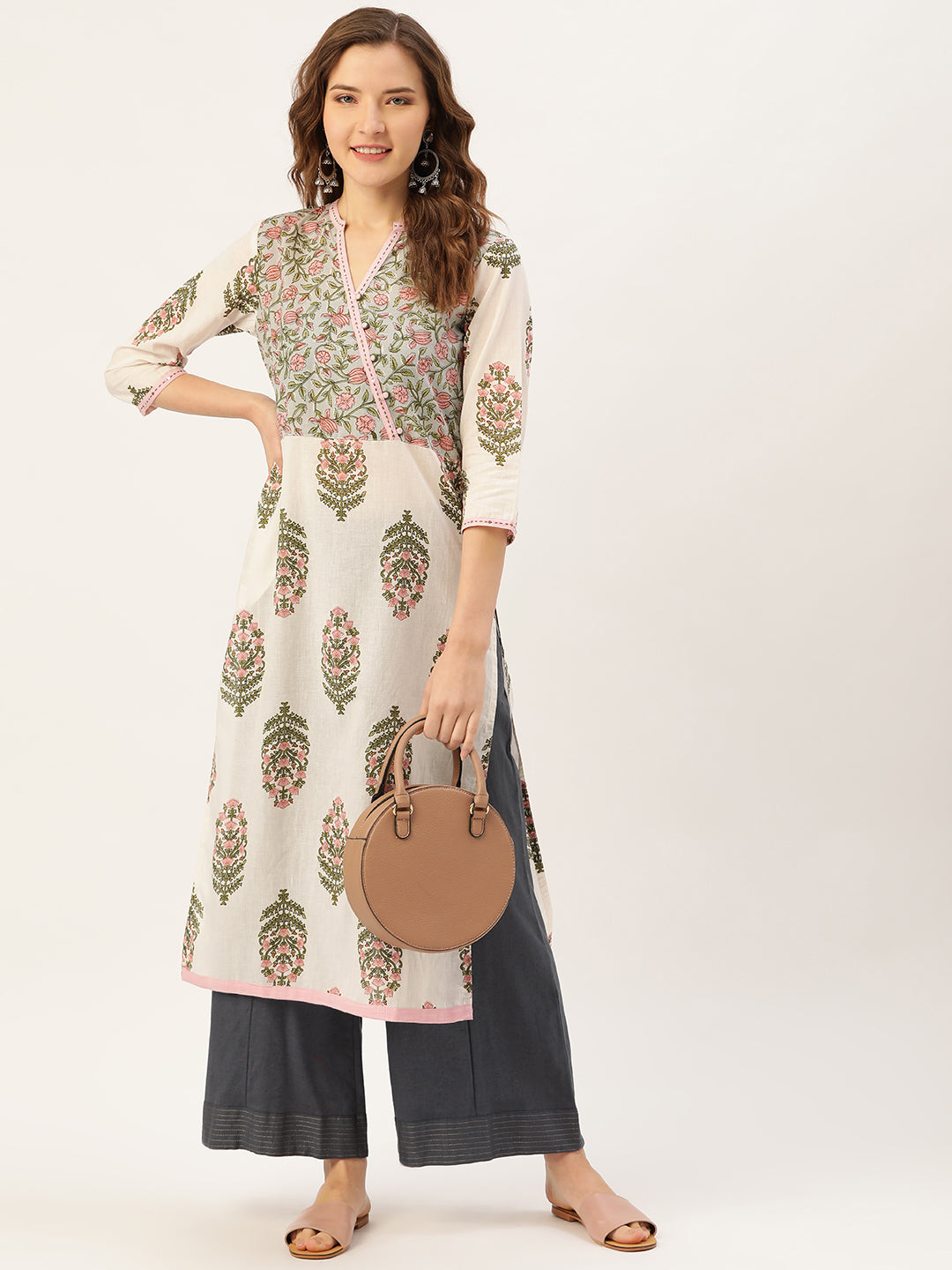 Jaipur Kurti Women Off-White & Pink Printed Straight Kurta - Distacart