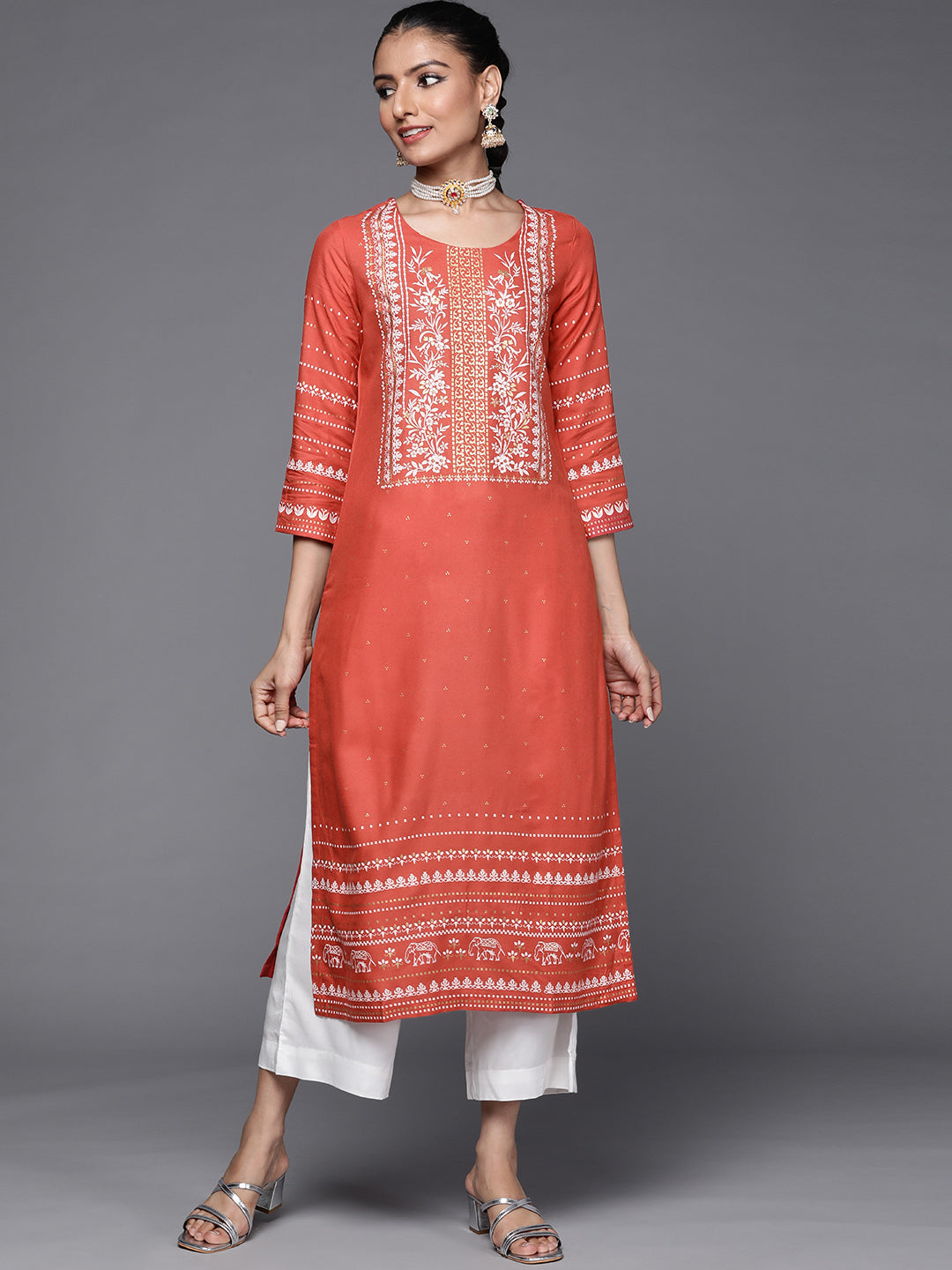 Biba Women Rust Brown & White Ethnic Motifs Printed Kurta with Palazzos - Distacart