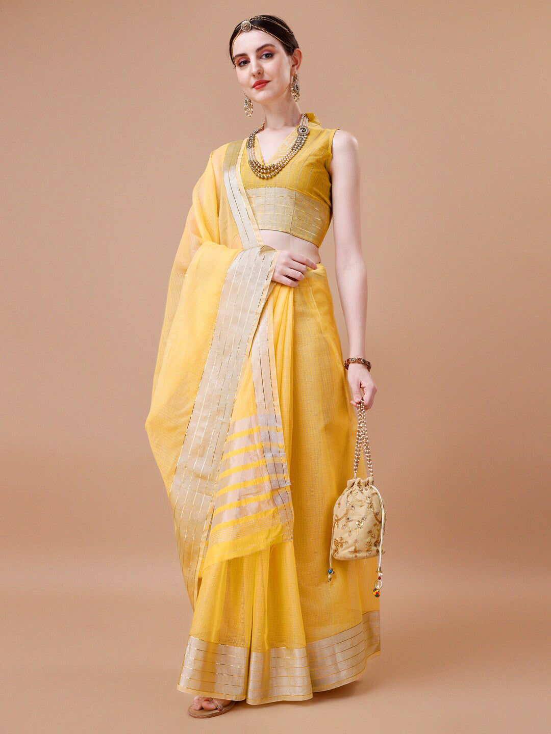 Kalini Checked Zari Detailed Saree - Distacart