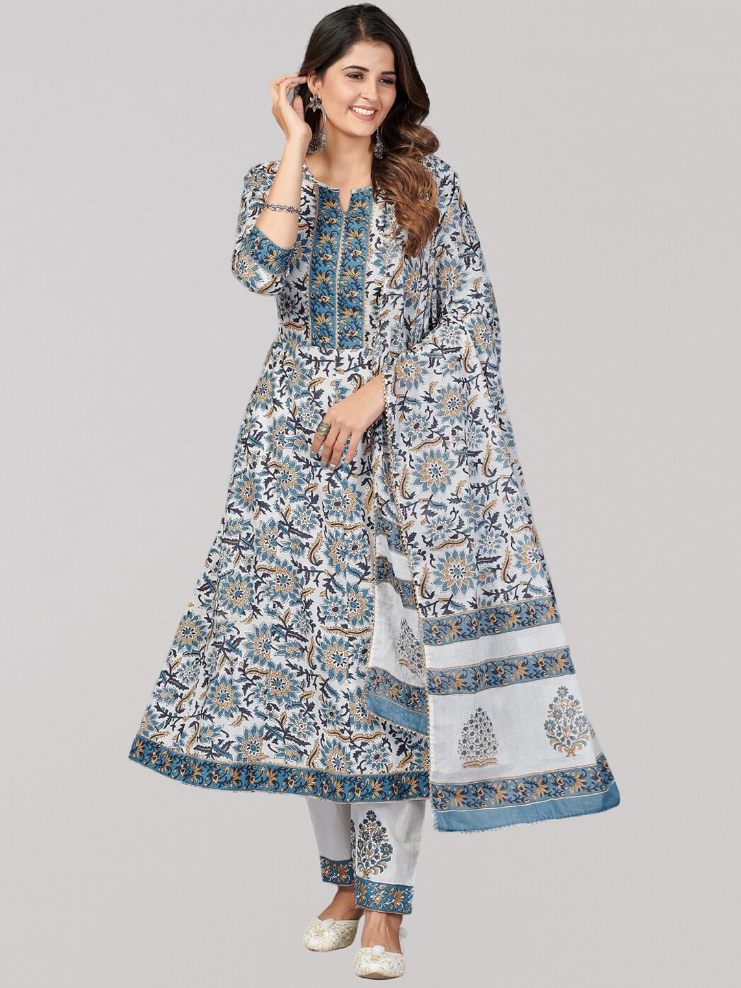 Kalini Floral Printed Sequinned Pure Cotton Kurta with Trousers & Dupatta - Distacart
