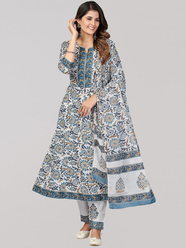 Kalini Floral Printed Sequinned Pure Cotton Kurta with Trousers & Dupatta - Distacart