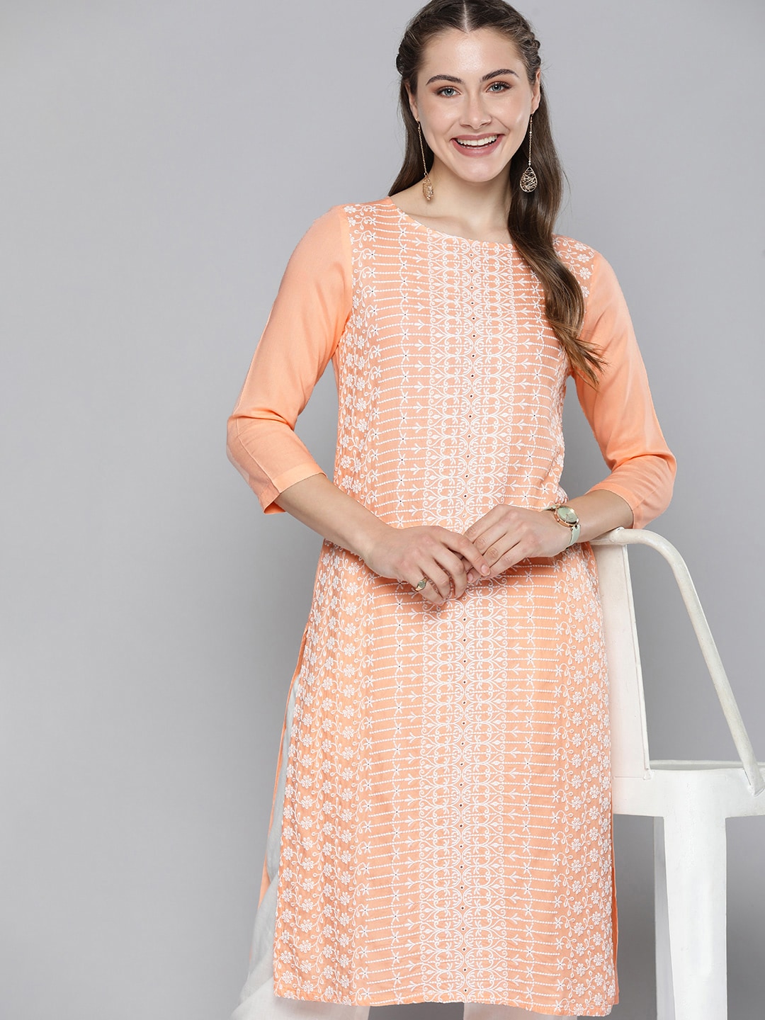 HERE&NOW Women Ethnic Motifs Embroidered Pastels Kurta - Distacart