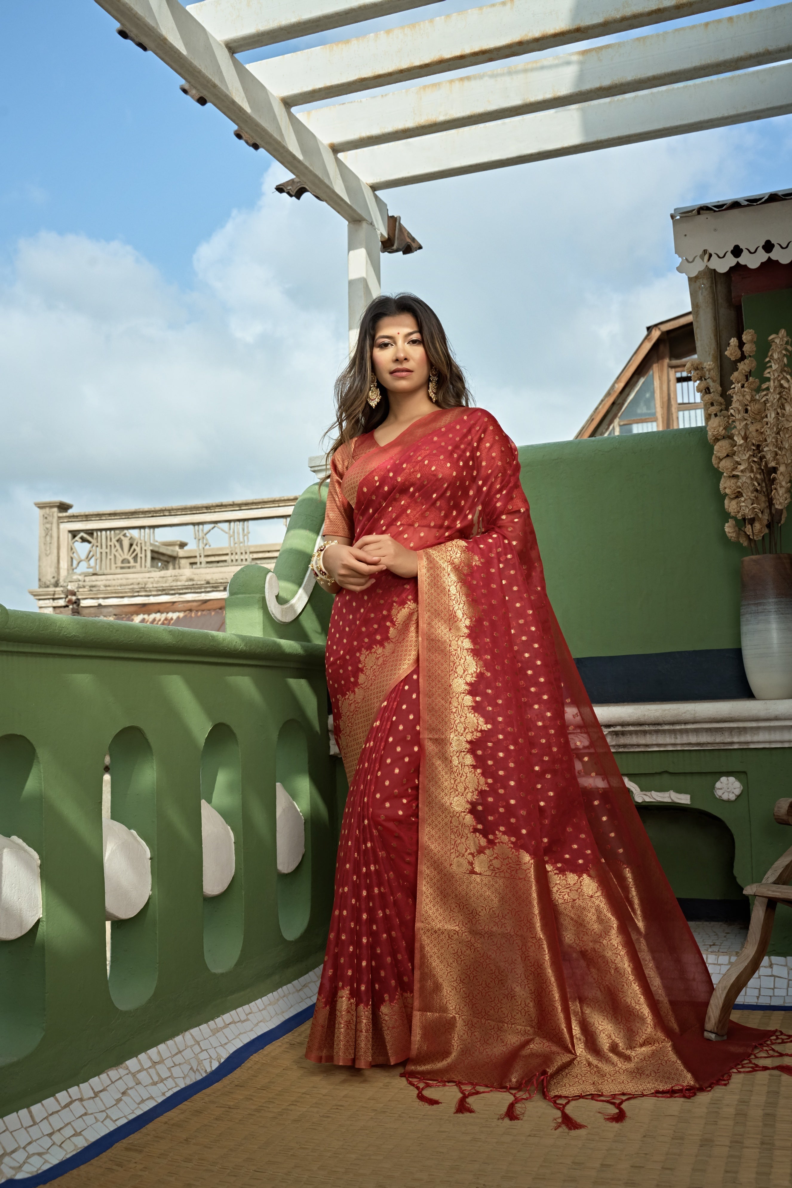 Vardha Apple Red Banarasi - Organza Saree