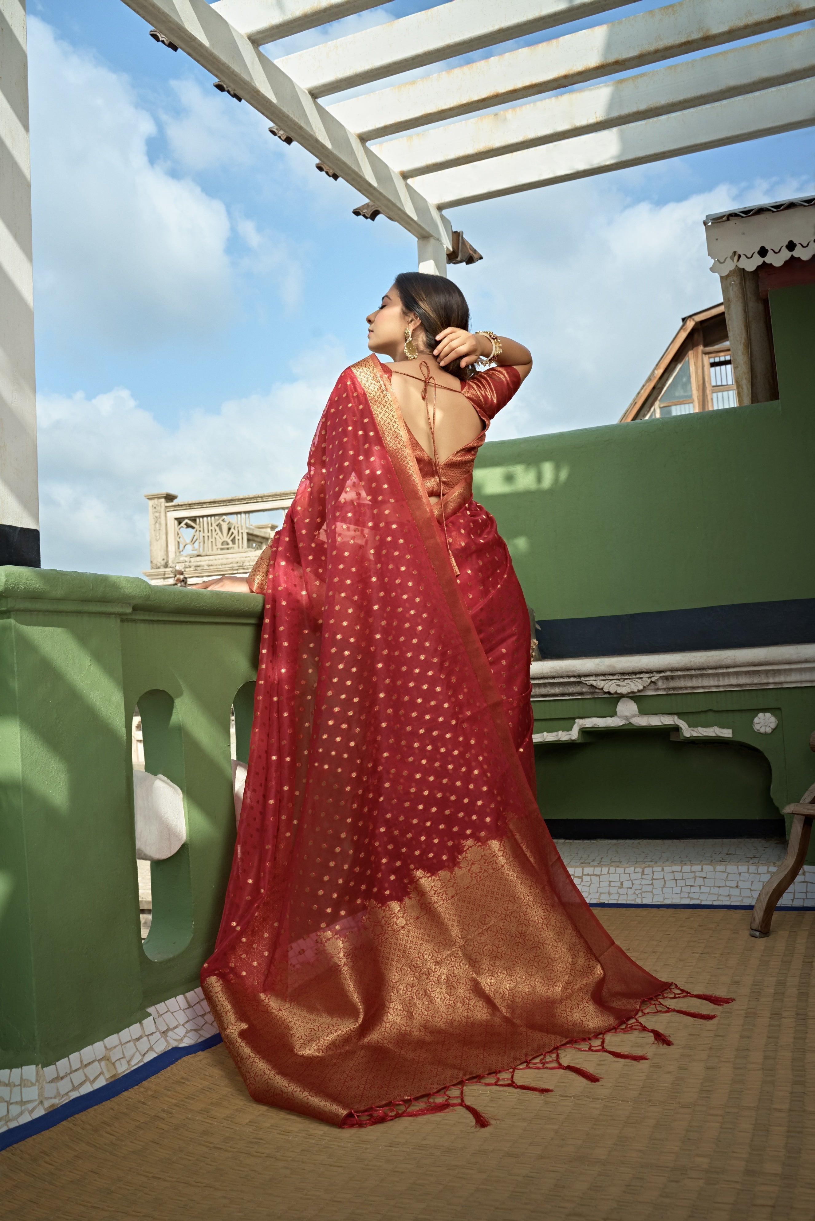 Vardha Apple Red Banarasi - Organza Saree