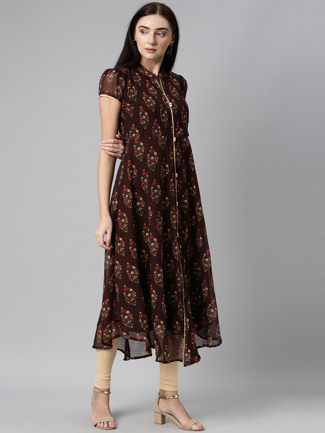 Souchii Women Brown & Red Floral Printed Block Print Kurta - Distacart