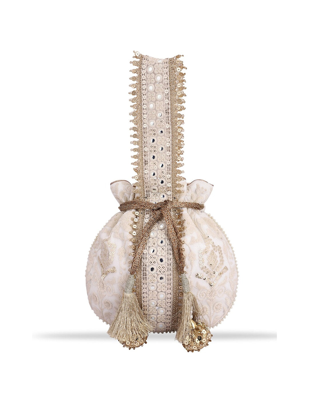 Masq Off White & Gold-Toned Embellished Embroidered Potli Clutch - Distacart