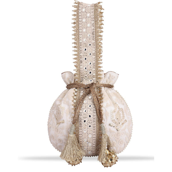 Masq Off White & Gold-Toned Embellished Embroidered Potli Clutch - Distacart