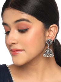 Thumbnail for Yellow Chimes Silver-Plated Kolhapuri Peacock Design Jhumkas Earrings - Distacart