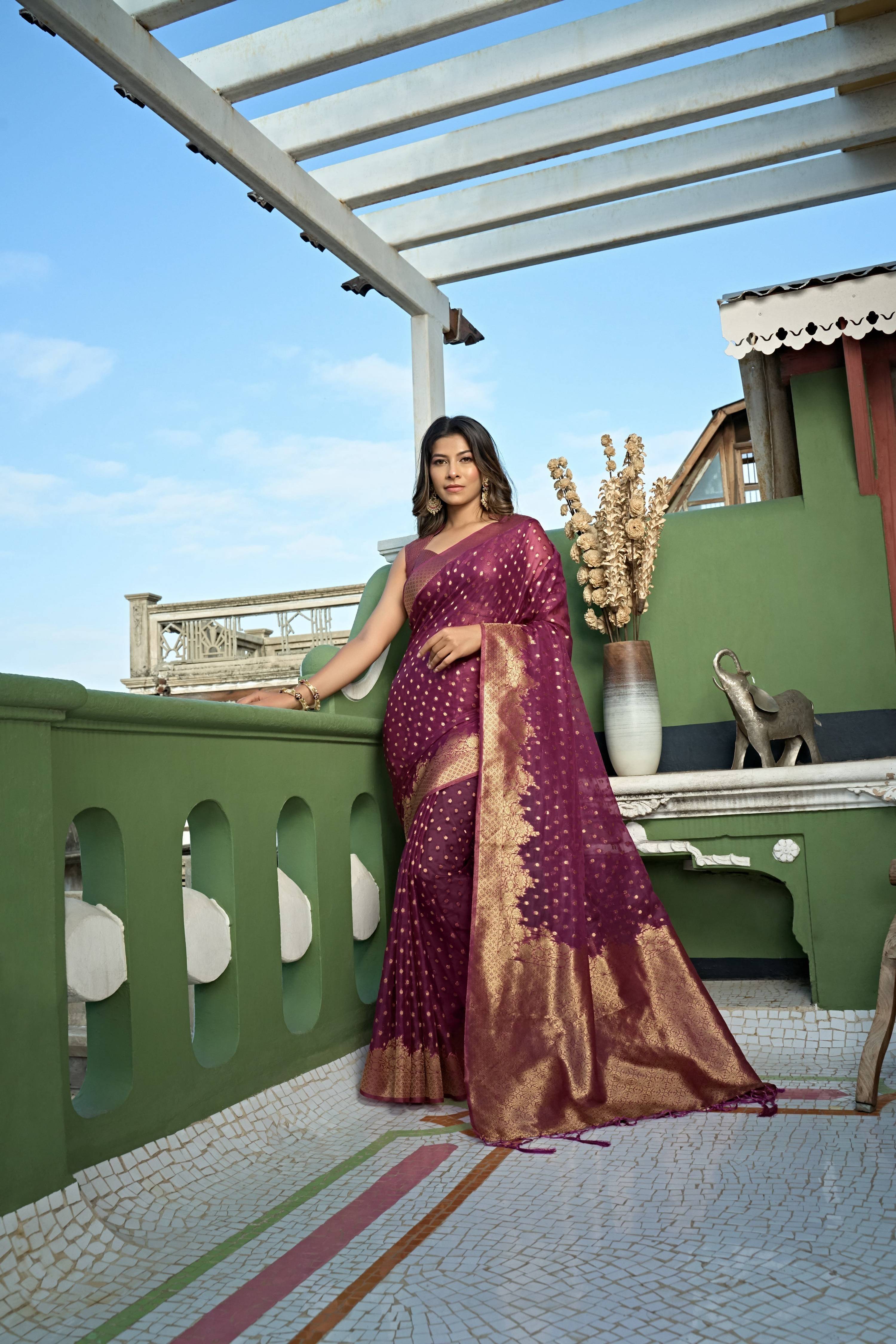Vardha Wine Golden Zari Banarasi Organza Saree