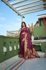 Thumbnail for Vardha Wine Golden Zari Banarasi Organza Saree