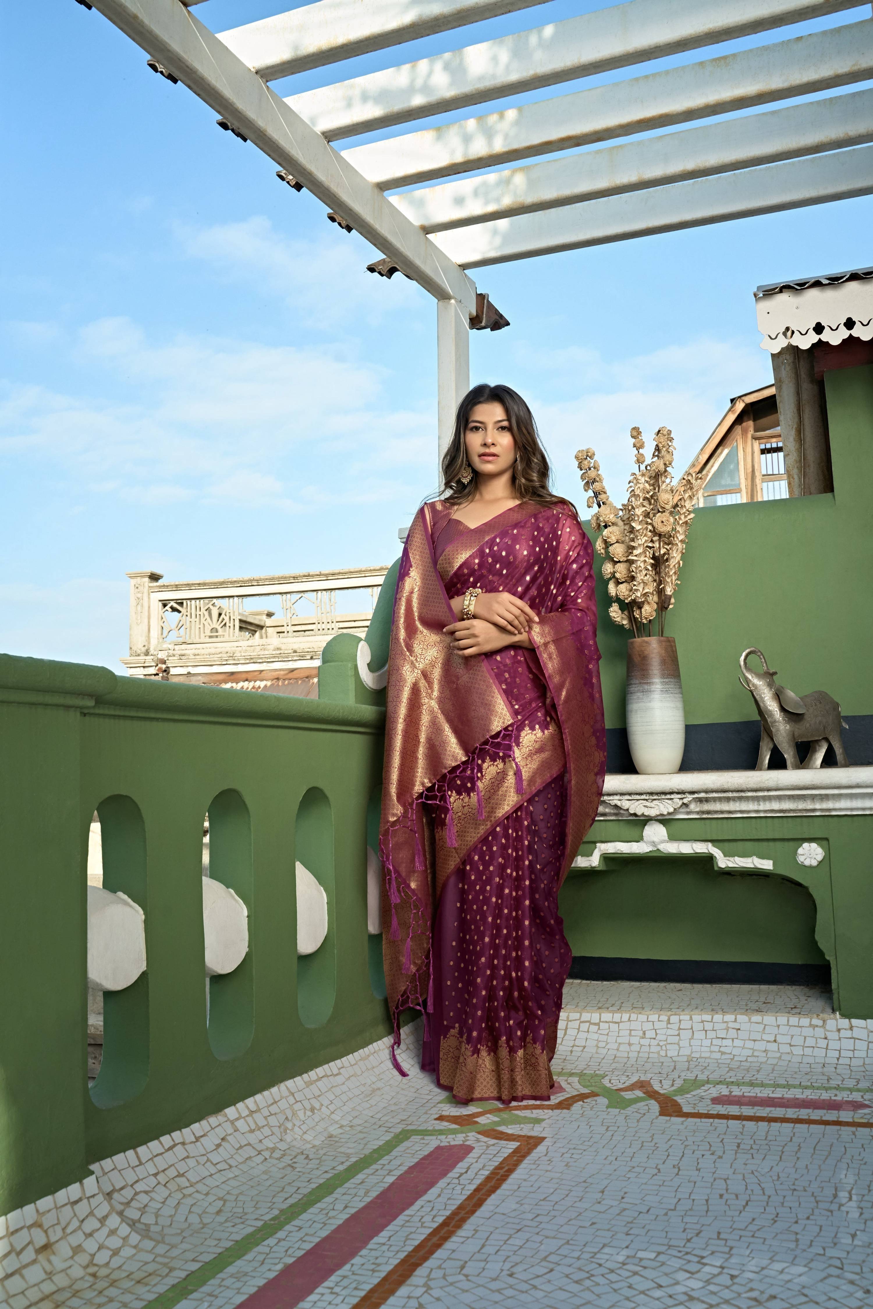 Vardha Wine Golden Zari Banarasi Organza Saree