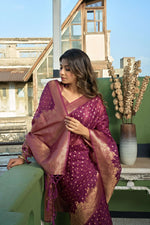 Thumbnail for Vardha Wine Golden Zari Banarasi Organza Saree
