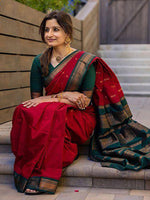 Thumbnail for Kalini Red & Green Woven Design Zari Kanjeevaram Saree - Distacart
