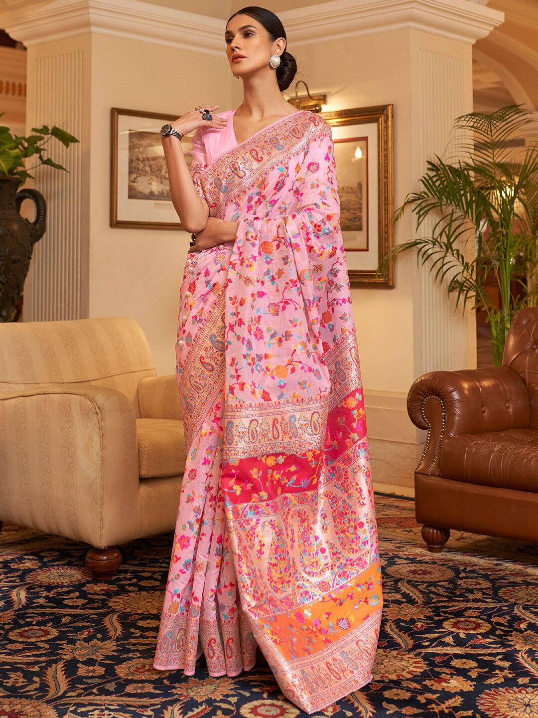 Mitera Women Pink & Blue Woven Design Zari Silk Blend Paithani Saree - Distacart