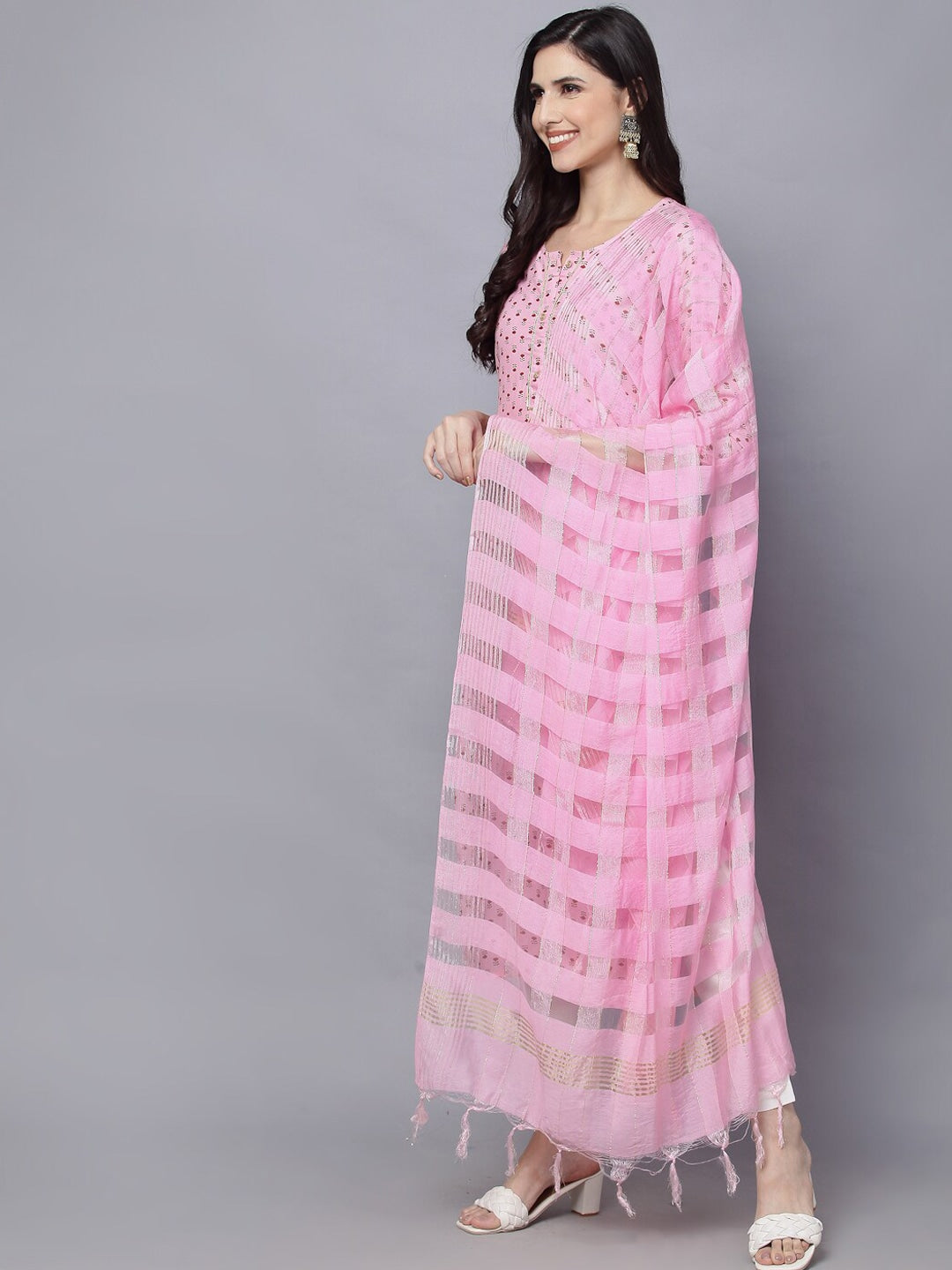 HERE&NOW Women Pink Floral Printed Kurta with Trousers & With Dupatta - Distacart