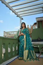 Thumbnail for Vardha Teal Blue Golden Zari Banarasi Organza Saree