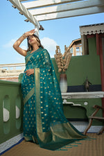 Thumbnail for Vardha Teal Blue Golden Zari Banarasi Organza Saree