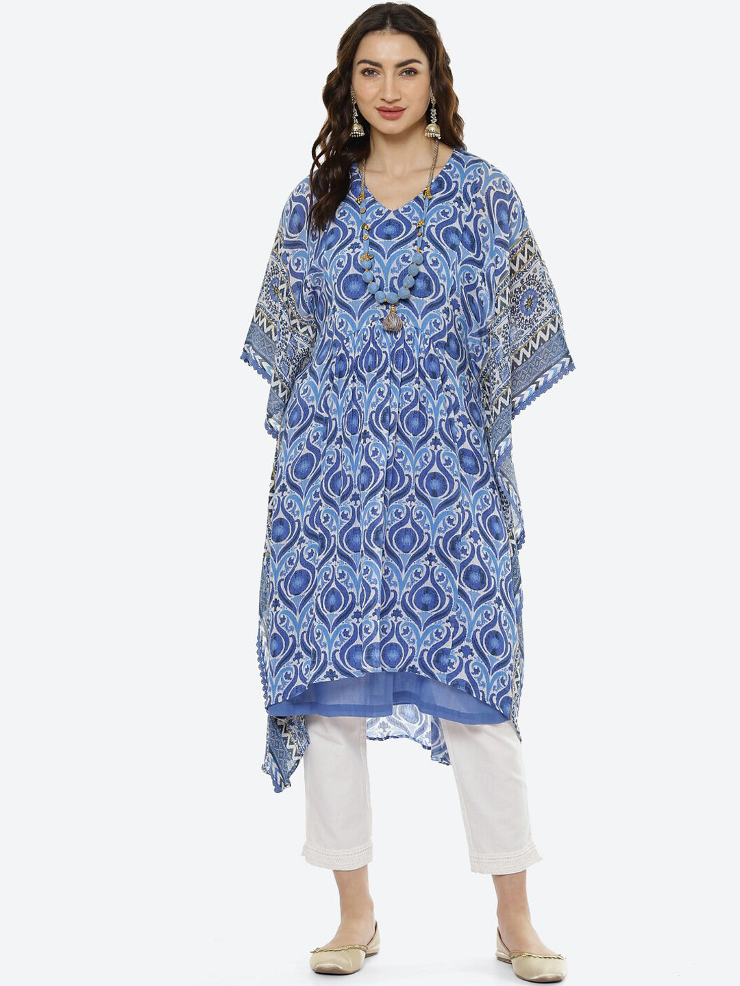 Biba Women White Ethnic Motifs Printed Pure Cotton Kurti with Trousers - Distacart