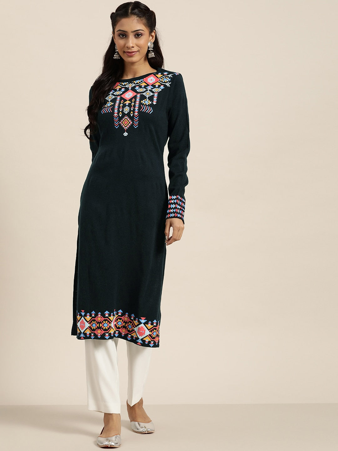 Sangria Women Teal Green & Pink Geometric Printed Straight Winter Kurta - Distacart