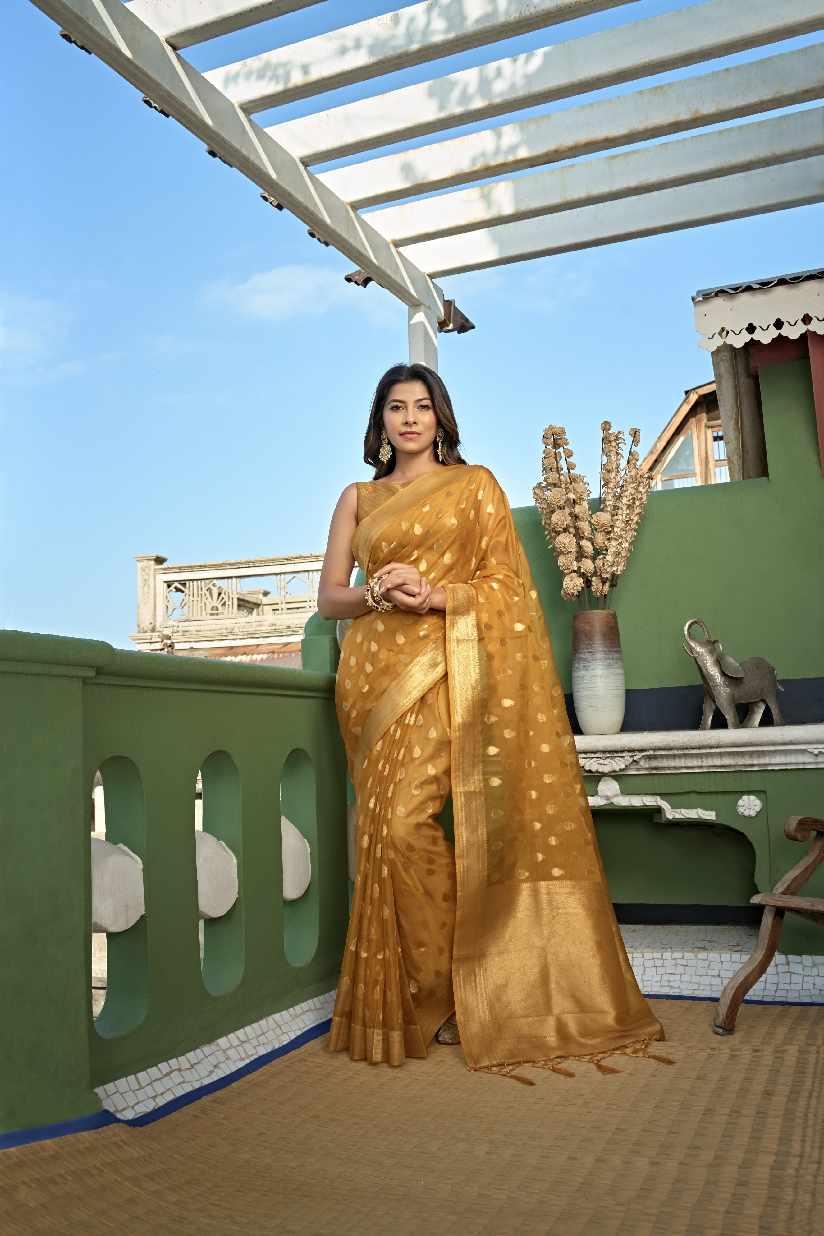 Vardha Amber Yellow Golden Zari Banarasi Organza Saree