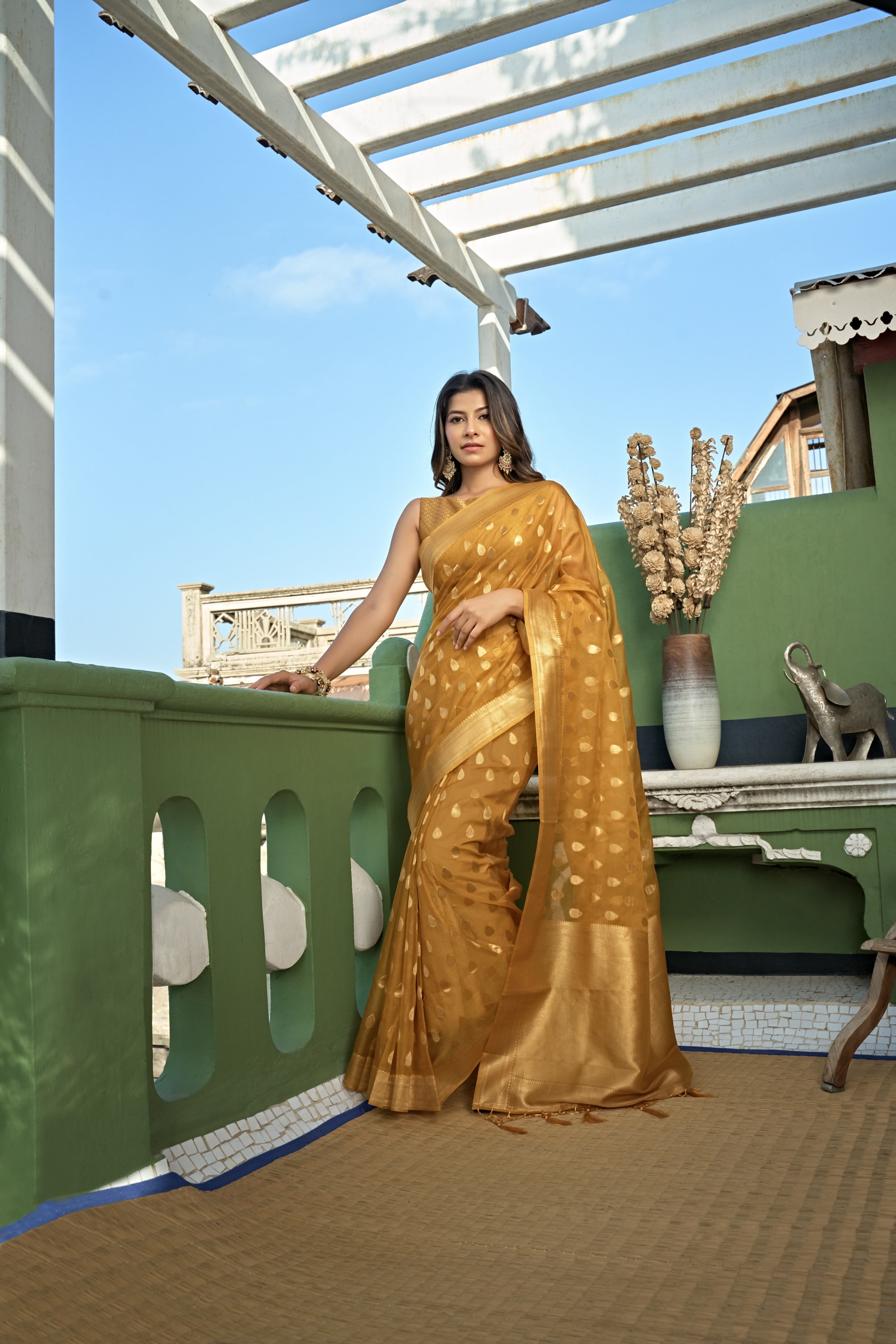 Vardha Amber Yellow Golden Zari Banarasi Organza Saree