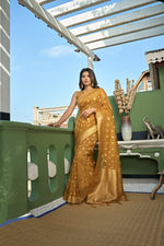 Thumbnail for Vardha Amber Yellow Golden Zari Banarasi Organza Saree