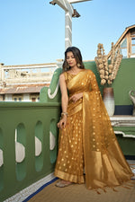 Thumbnail for Vardha Amber Yellow Golden Zari Banarasi Organza Saree