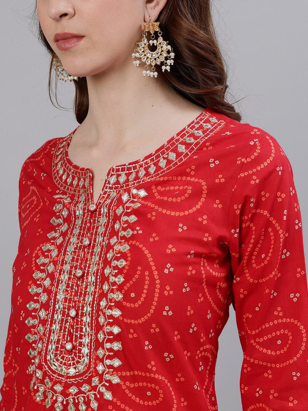Ishin Women Red & Gold-Toned Embroidered Kurta with Palazzos & Dupatta - Distacart