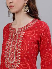 Thumbnail for Ishin Women Red & Gold-Toned Embroidered Kurta with Palazzos & Dupatta - Distacart
