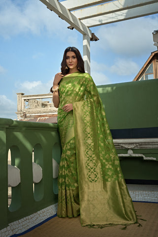 Vardha Lime Green Golden Zari Banarasi Organza Saree