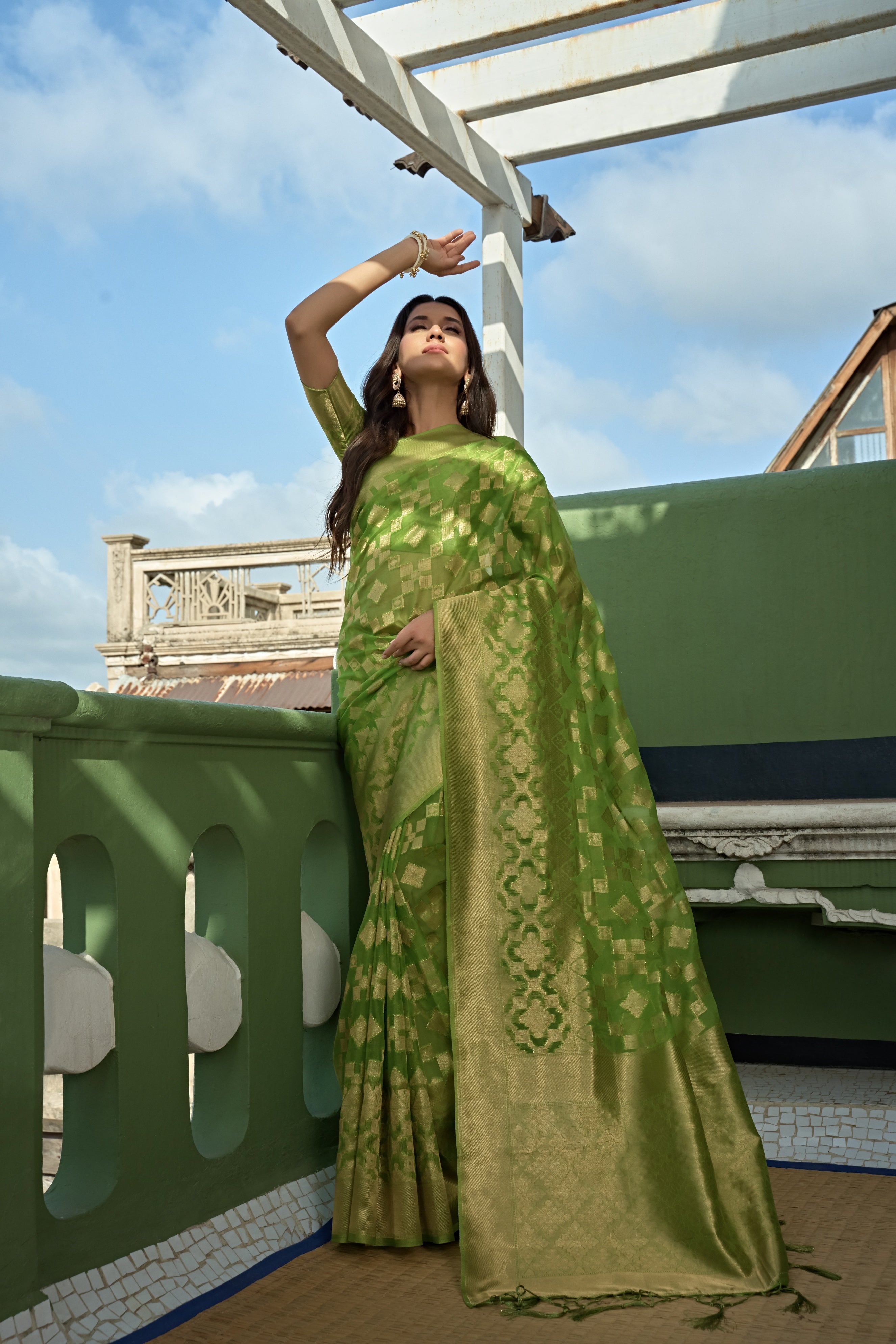 Vardha Lime Green Golden Zari Banarasi Organza Saree