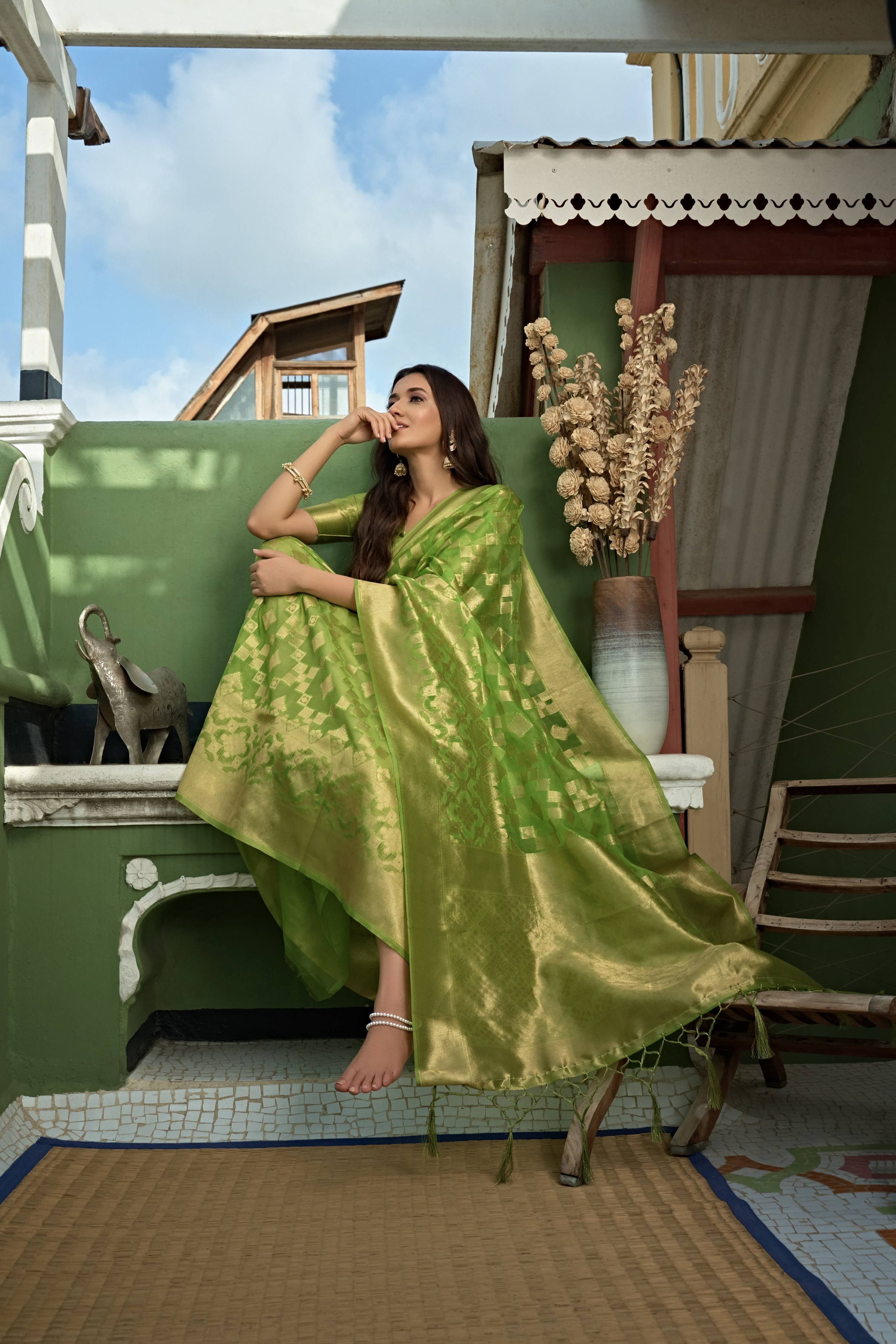 Vardha Lime Green Golden Zari Banarasi Organza Saree