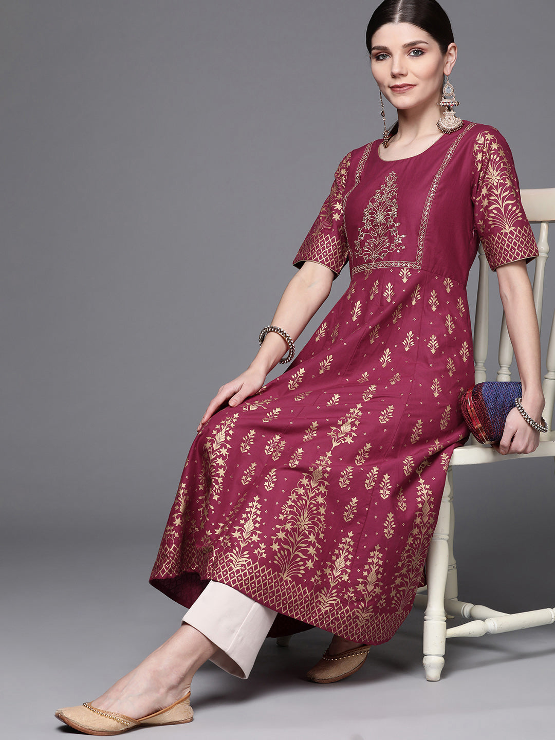 Biba Women Maroon & Golden Ethnic Motifs Printed Regular Sleeves Anarkali Kurta - Distacart
