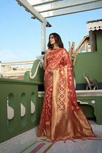 Thumbnail for Vardha Tangerine Orange Golden Zari Banarasi Organza Saree
