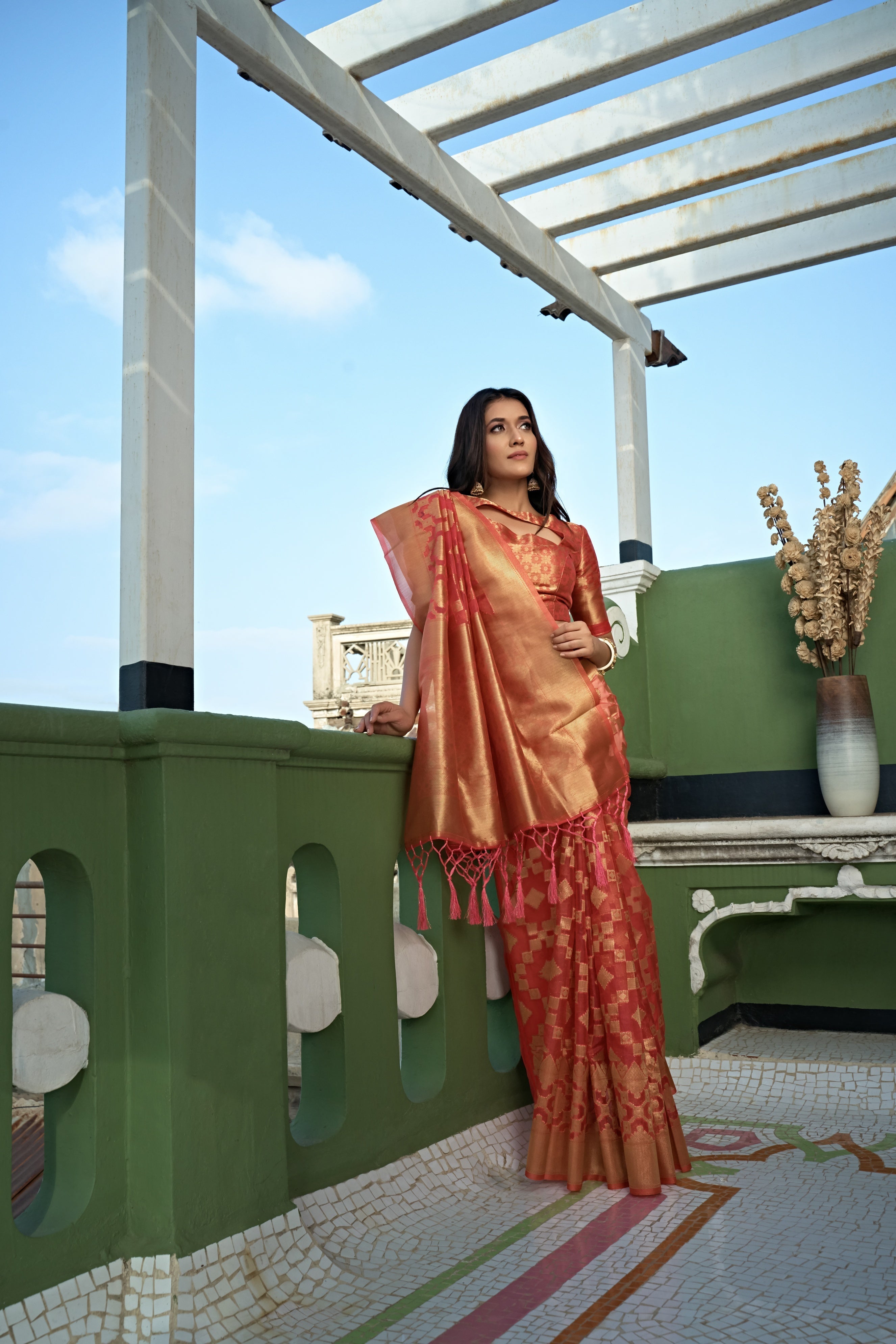 Vardha Tangerine Orange Golden Zari Banarasi Organza Saree