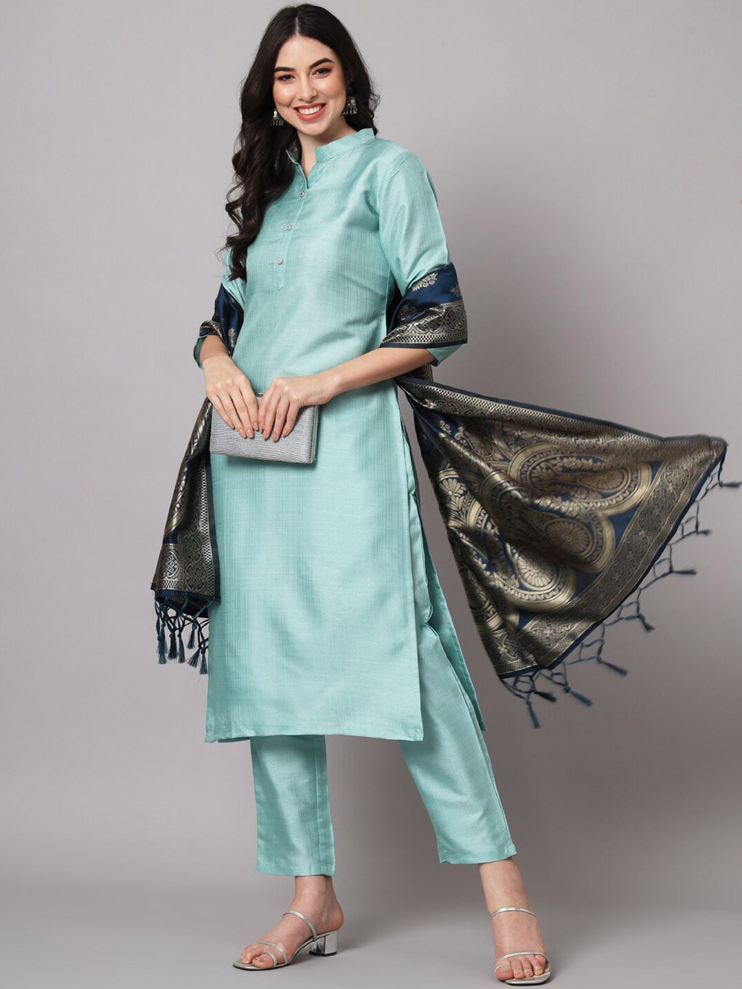 Kalini Cotton Silk Blend Kurta with Trousers & Banarasi Silk Dupatta - Distacart