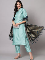 Thumbnail for Kalini Cotton Silk Blend Kurta with Trousers & Banarasi Silk Dupatta - Distacart