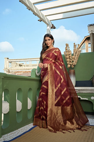 Vardha Ruby Red Golden Zari Banarasi Organza Saree