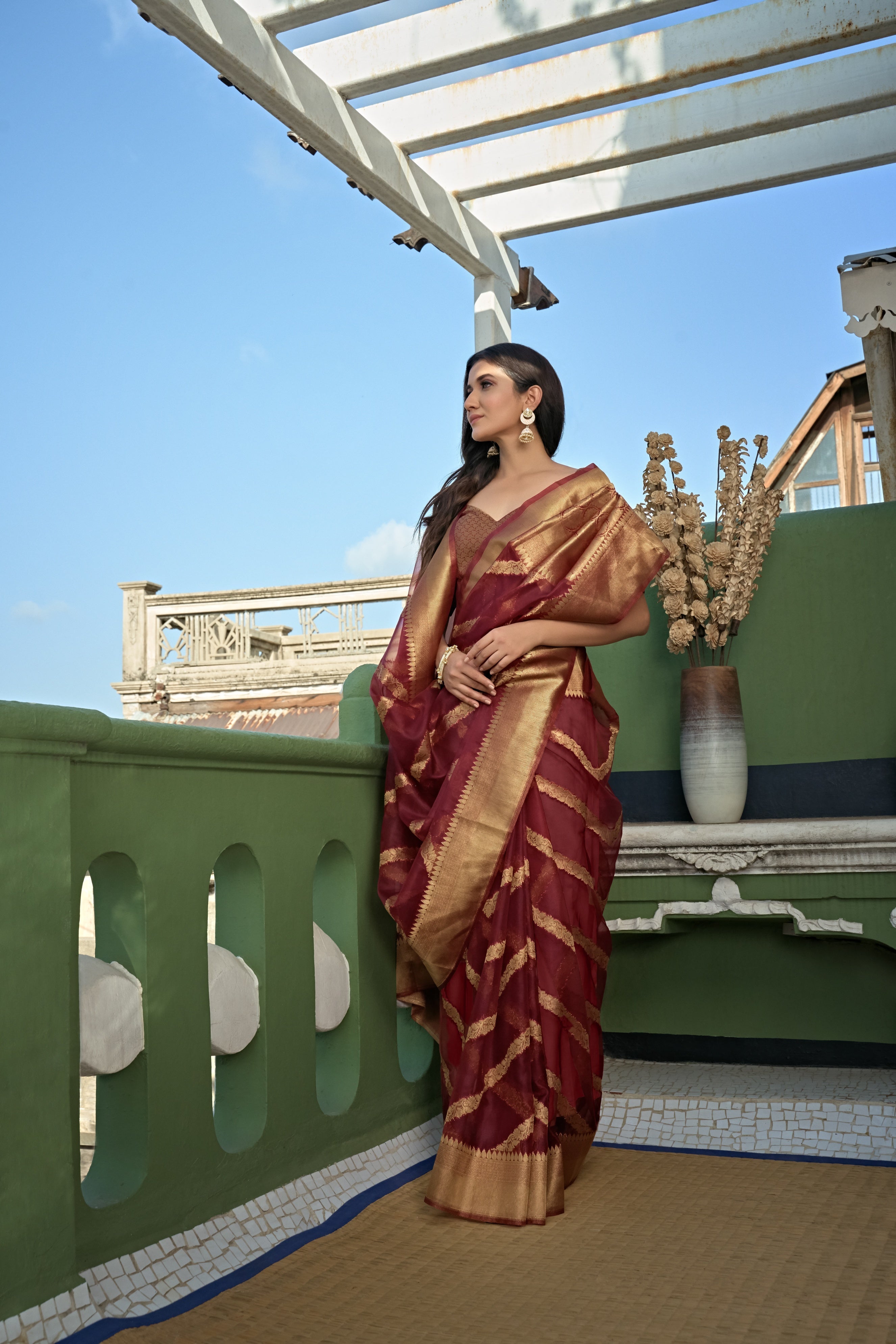 Vardha Ruby Red Golden Zari Banarasi Organza Saree