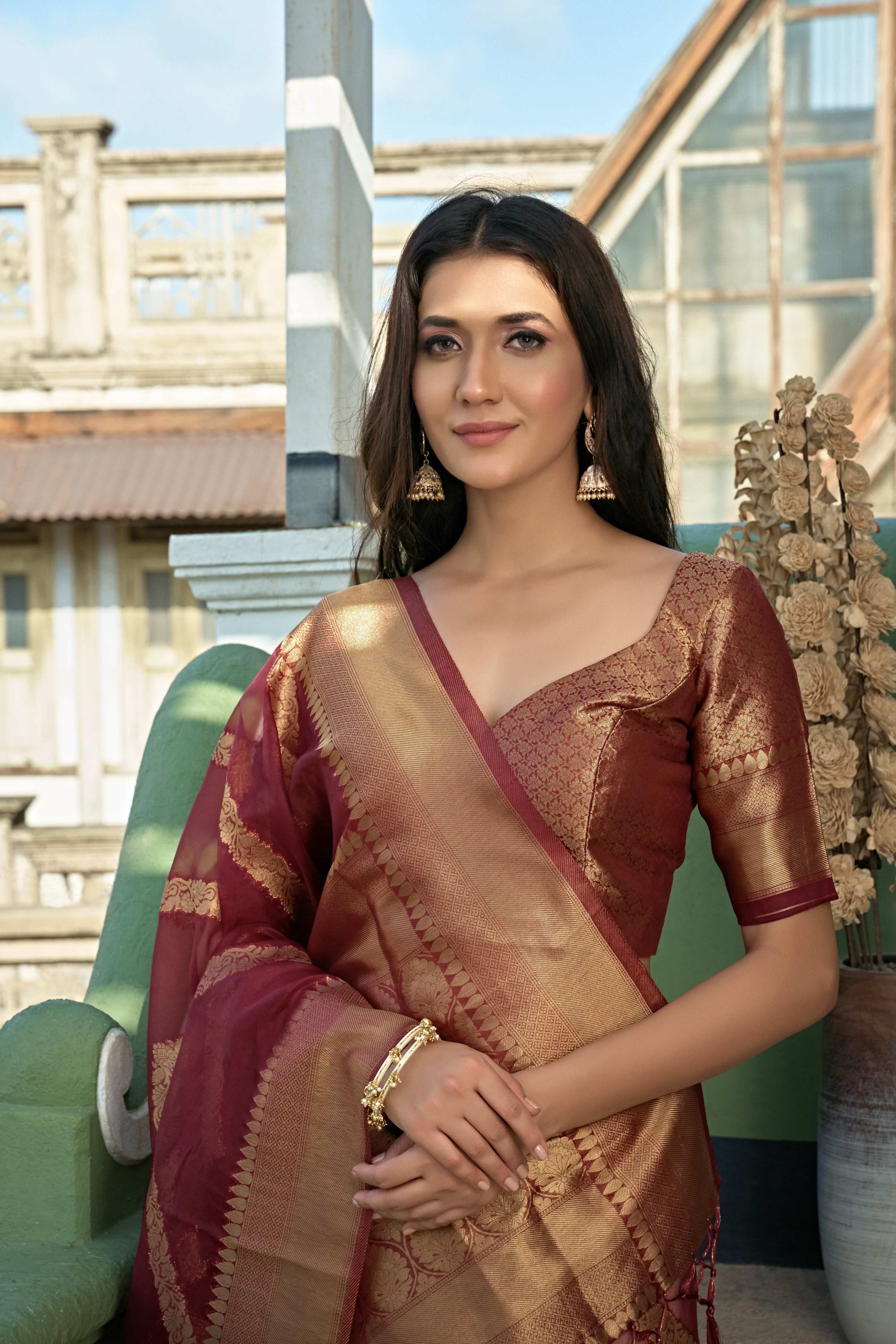 Vardha Ruby Red Golden Zari Banarasi Organza Saree