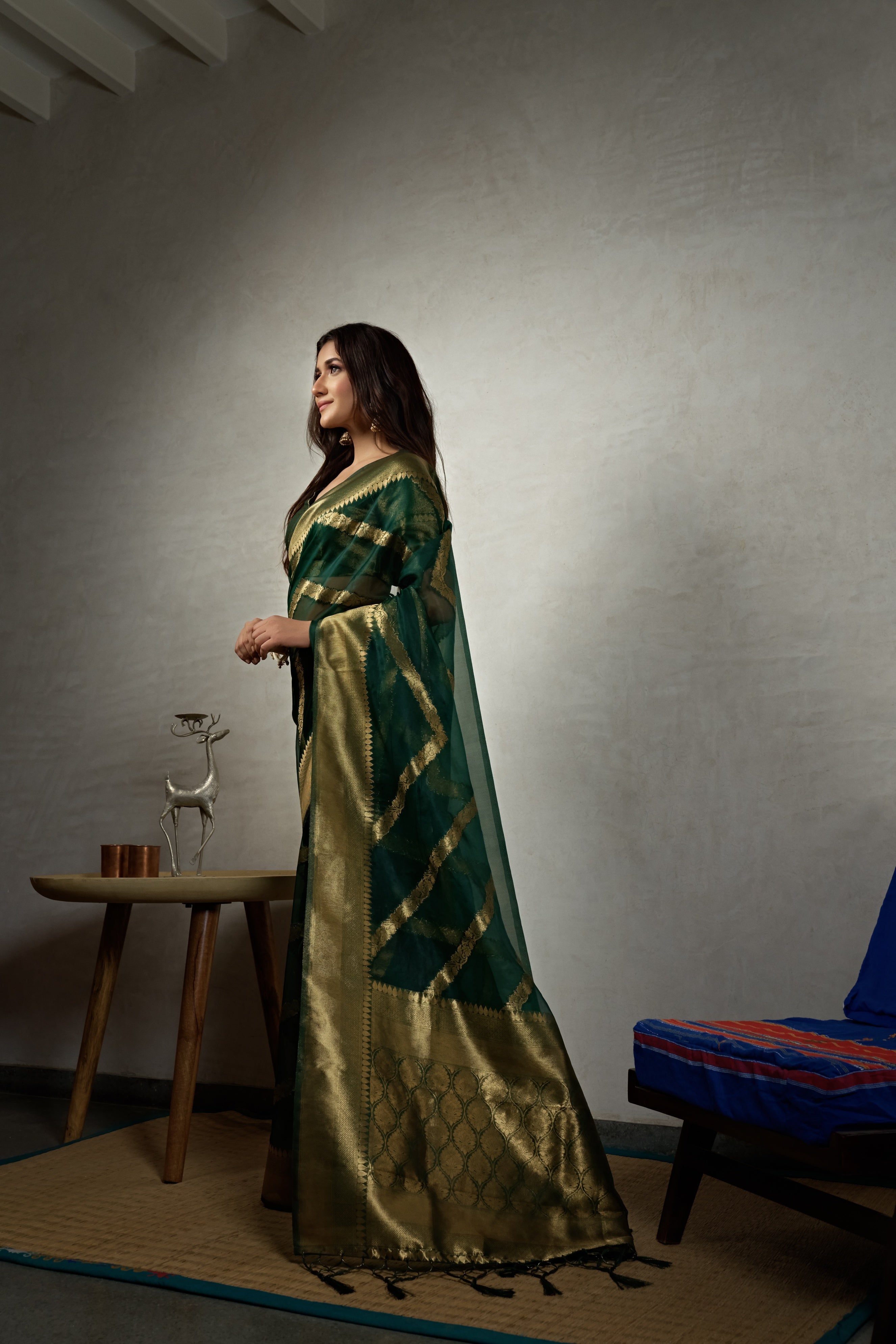 Vardha Emerald Green Golden Zari Banarasi Organza Saree