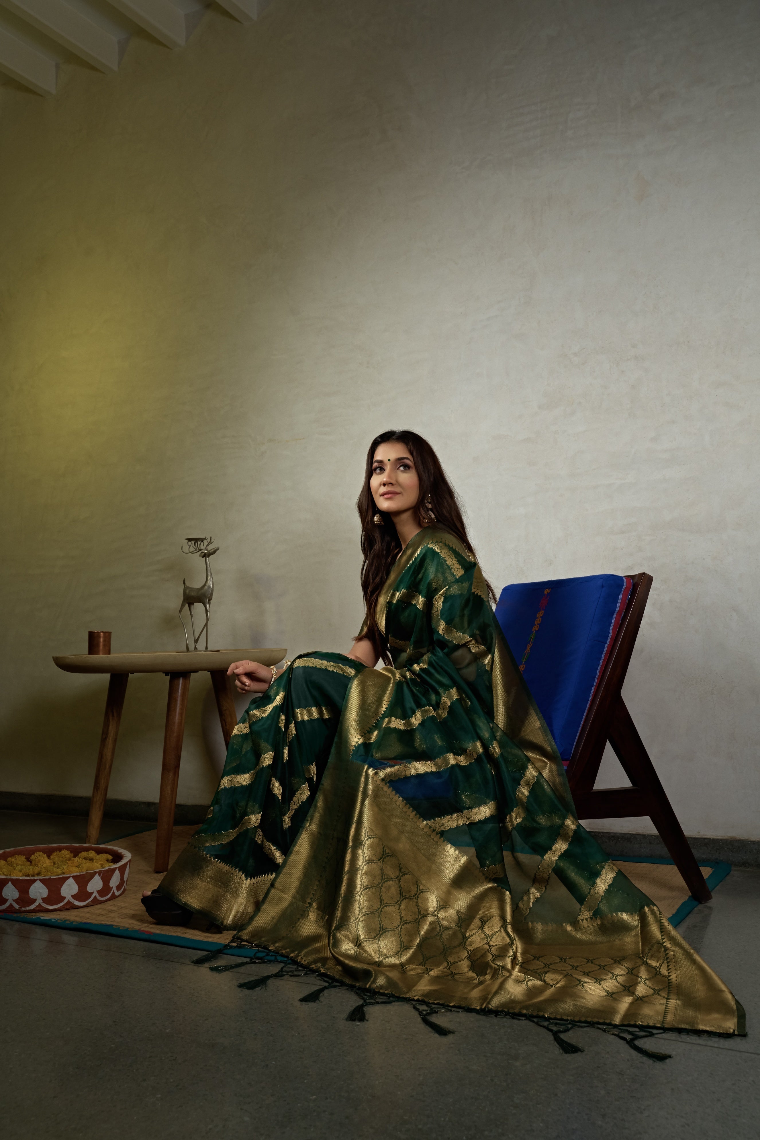 Vardha Emerald Green Golden Zari Banarasi Organza Saree
