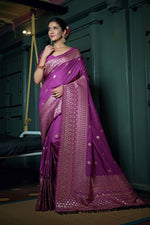 Thumbnail for Vardha Byzantium Purple Golden Zari Banarasi Silk Saree