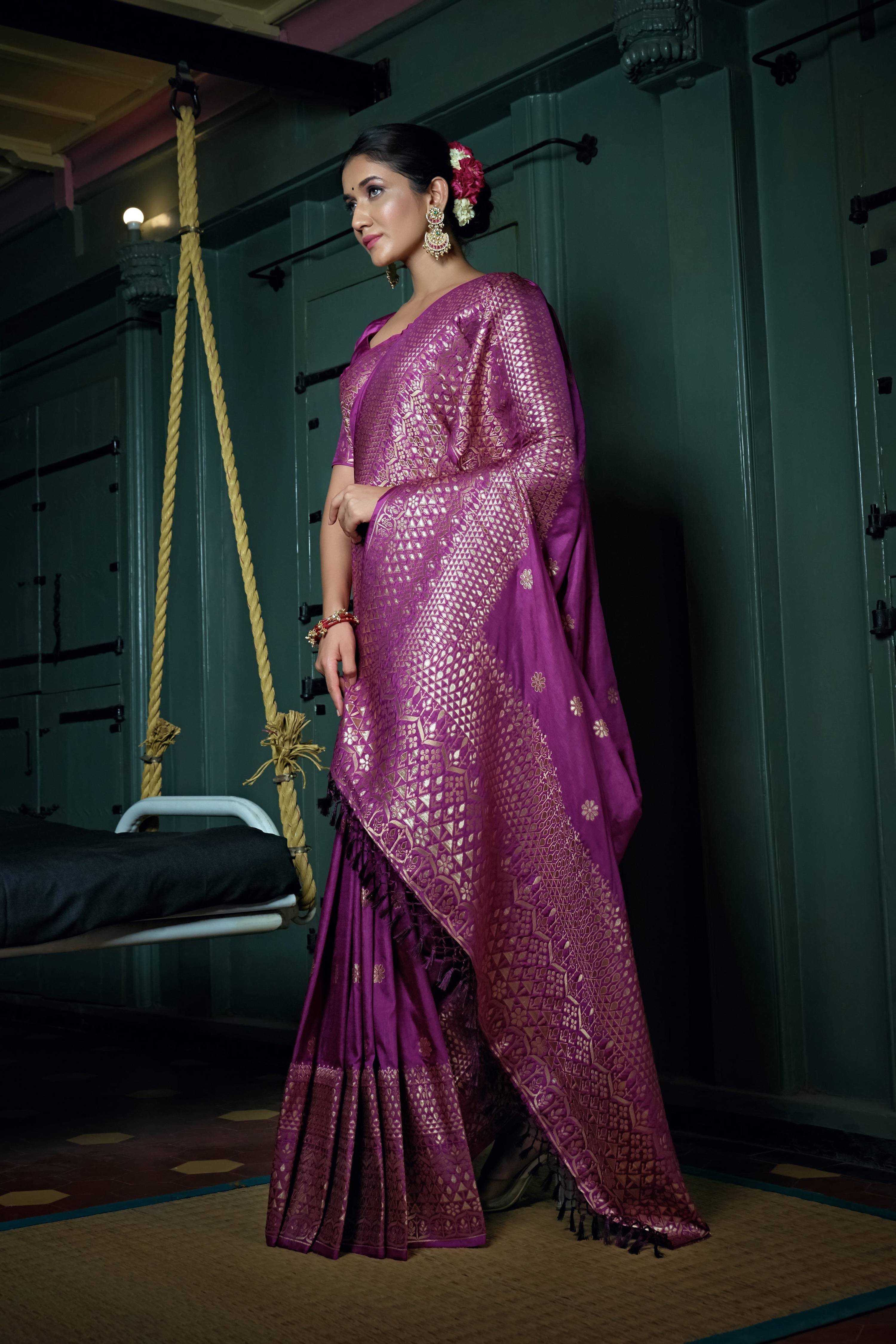 Vardha Byzantium Purple Golden Zari Banarasi Silk Saree