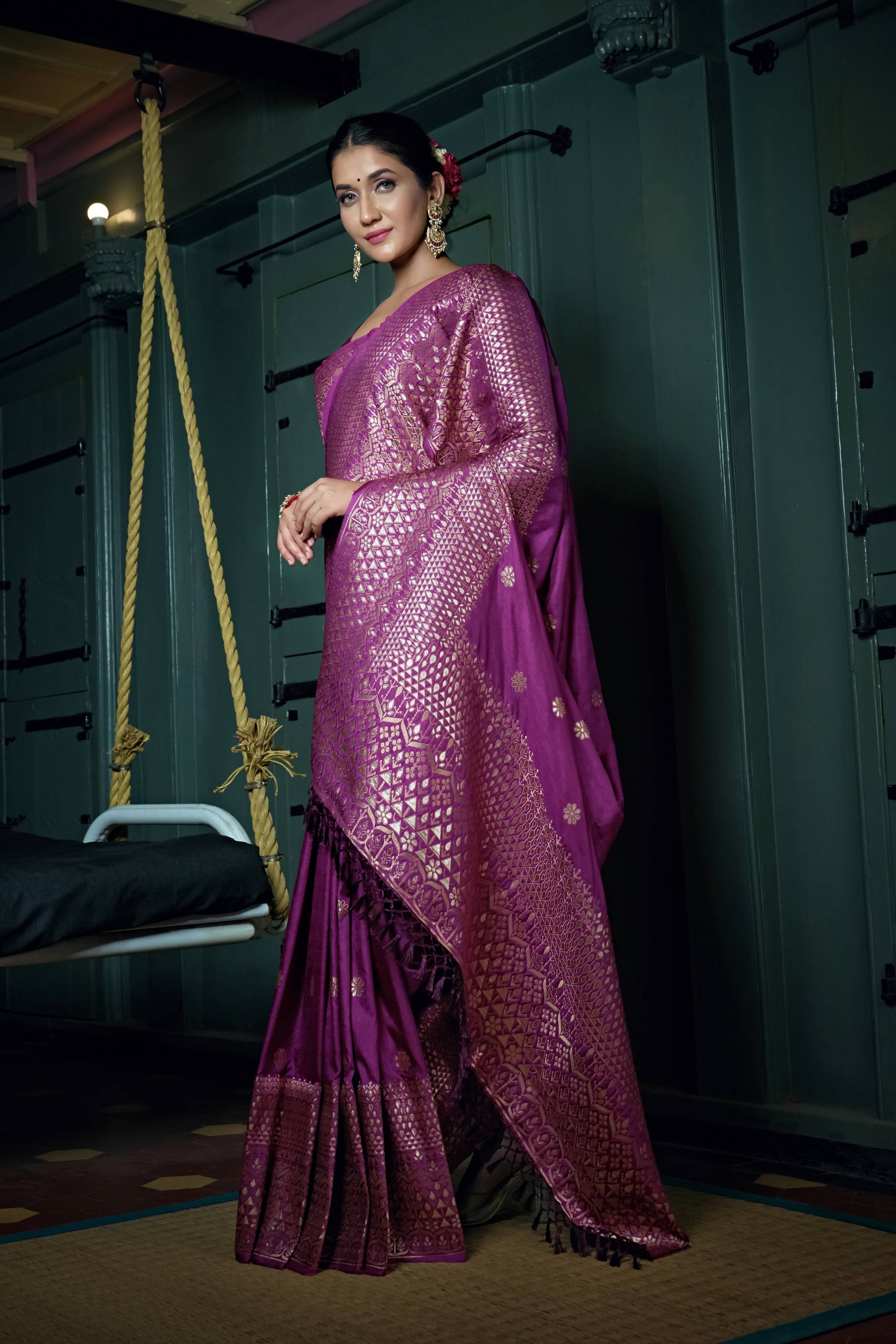 Vardha Byzantium Purple Golden Zari Banarasi Silk Saree