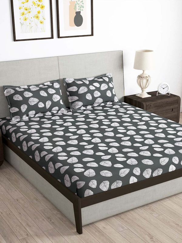 Story@home Arena Grey & White Floral Printed 180 TC Bedsheet & Pillow Covers - Distacart