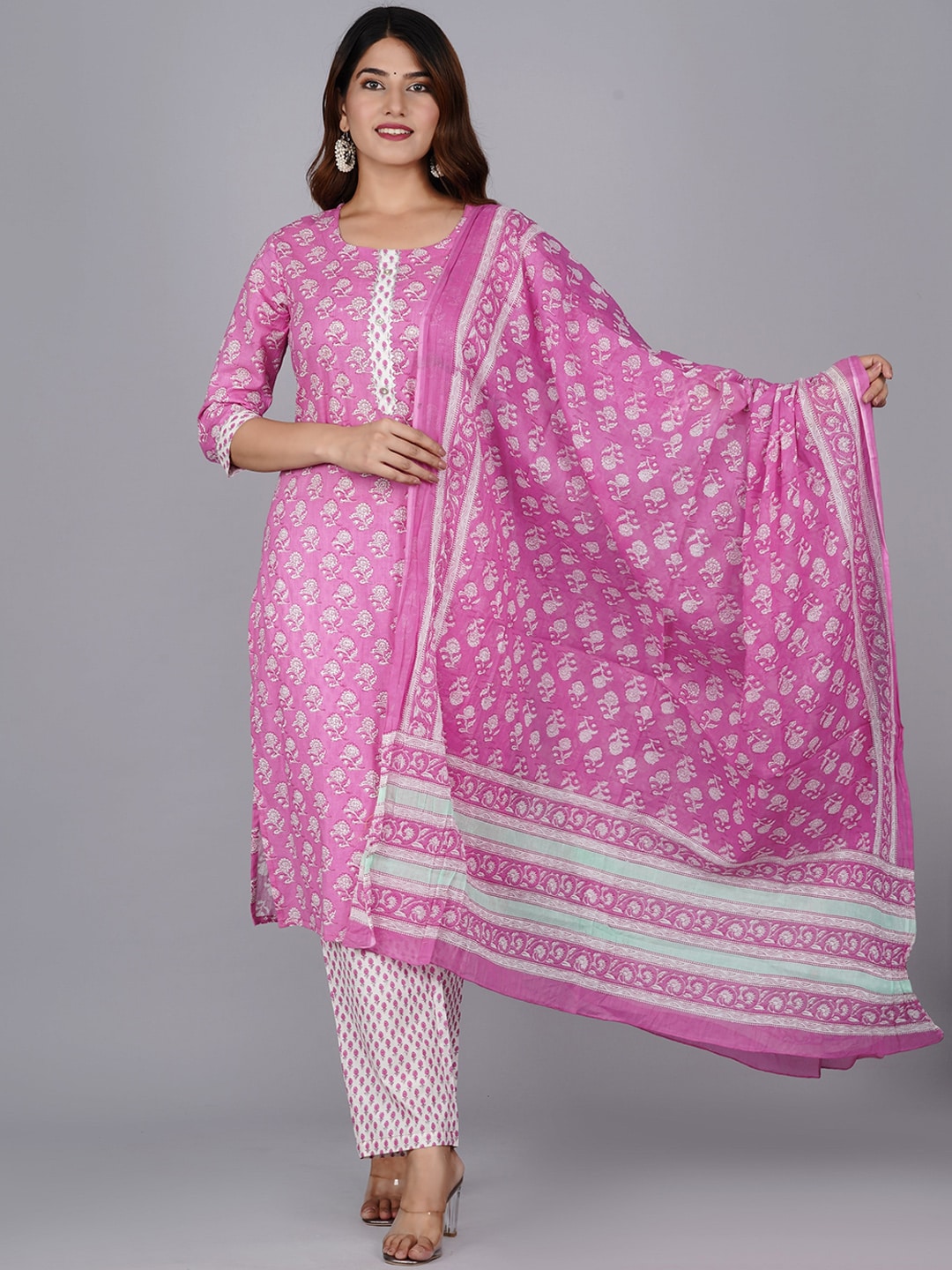 Kalini Women Pink Ethnic Motifs Printed Pure Cotton Kurta with Trouser & Dupatta - Distacart