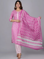 Thumbnail for Kalini Women Pink Ethnic Motifs Printed Pure Cotton Kurta with Trouser & Dupatta - Distacart