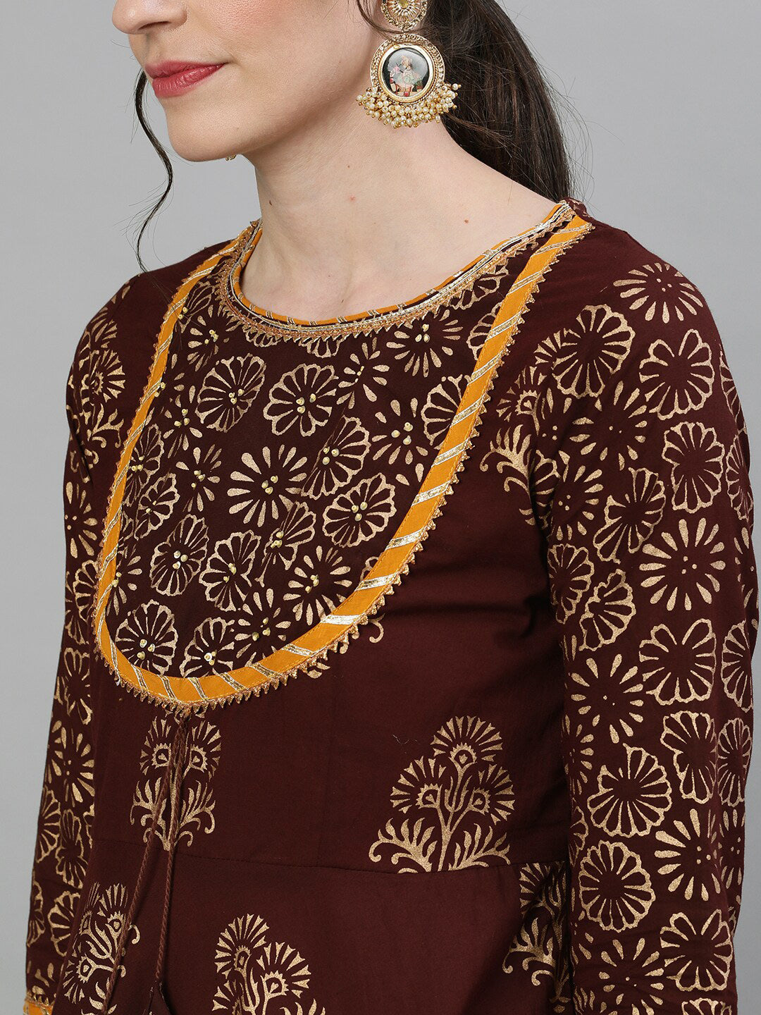 Ishin Women Brown & Gold-Toned Printed Kurti with Sharara & Dupatta - Distacart
