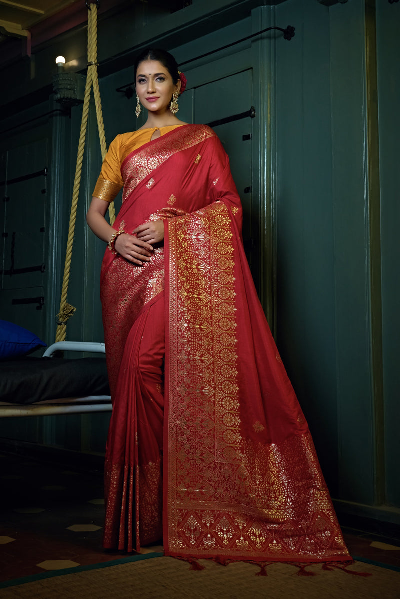 Vardha Crimson Red Golden Zari Banarasi Silk Saree